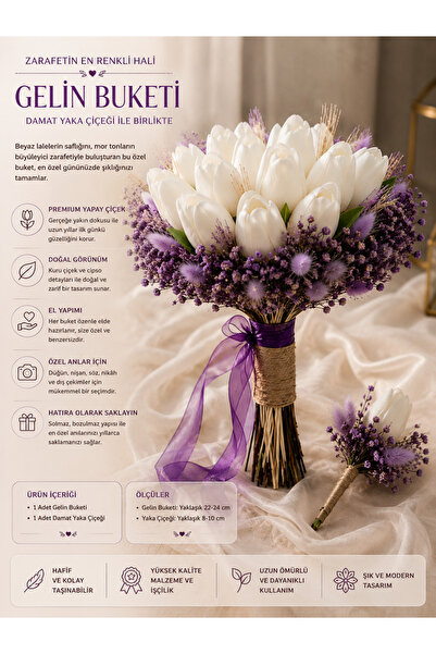 Doğahome Purple Cipso and White Tulip Detailed Artificial Bridal Bouquet & Gr...