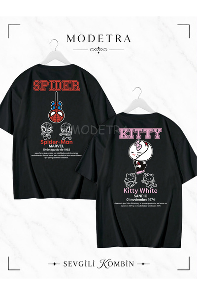 Modetra Women Men Unisex Spider Kitty Written Back Print Lover Couple Combina...