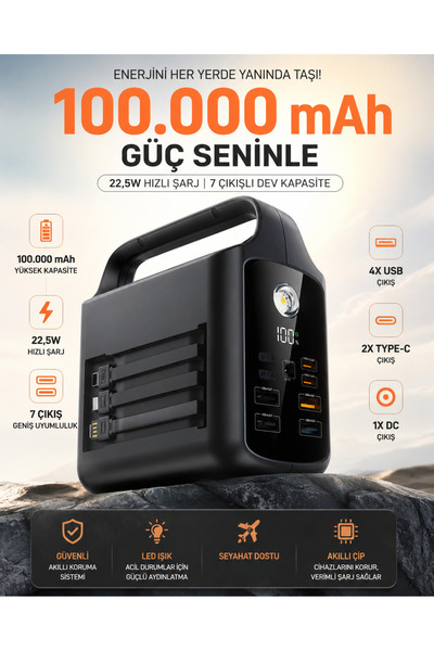 MATECHNO 100.000 mAh Taşınabilir Powerbank 22.5W Süper Hızlı Şarj Dahili 3 Ka...