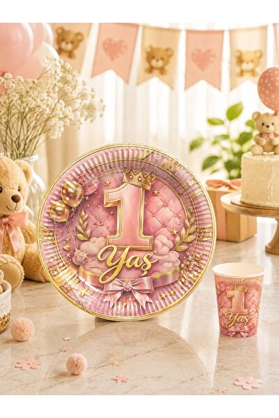 Parti Adresi Pembe 1 Yaş Karton Tabak ve Bardak Seti – Kız Bebek Doğum Günü P...