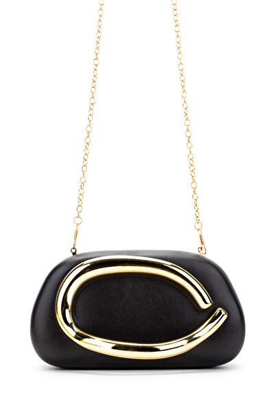 minebag Gold Ring Detailed Faux Leather Women's Evening Dress Bag Sydney Black