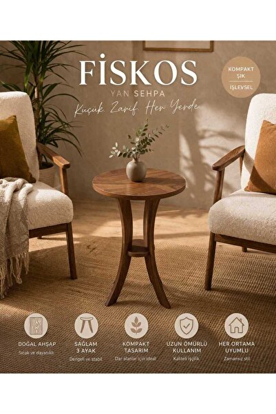 menalART Ağaç Tasarım Fiskos Ceviz Yan Sehpa 50 cm Çap - MDF ayak 60 cm Yükseklik Modern Zigon Yan Sehpa Ceviz