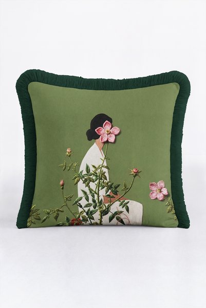 Evimde Bambaşka Botanical Woman Figure Floral Fringe Pillowcase-Artistic Floral Green Black Tassel Throw Pillow Cover