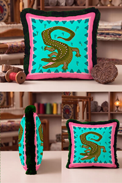 Evimde Bambaşka Exotic Crocodile Colorful Fringed Pillowcase - Tropical Bohem...