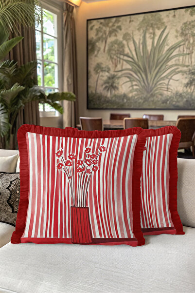 Evimde Bambaşka Striped Floral Decorative Vase Fringe Pillowcase - Artistic R...