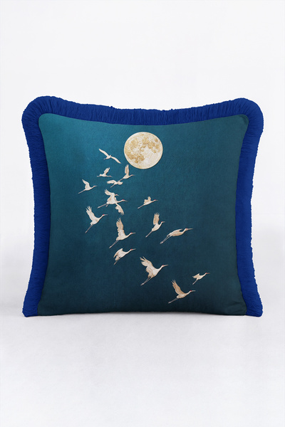 Evimde Bambaşka Moon Pattern Bird Figure Sky Fringed Pillowcase-Turna Petrol ...