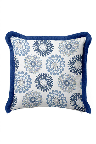 Evimde Bambaşka Blue Floral Pattern Stylish Ethnic Fringed Pillow Cover - Ele...