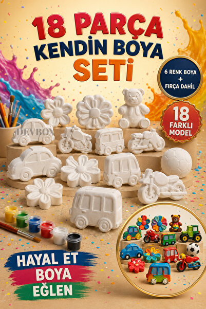 devhome 18 Parça Kendin Boya Alçı Figür Seti | Boya ve Fırça Dahil | Çocuk Bo...