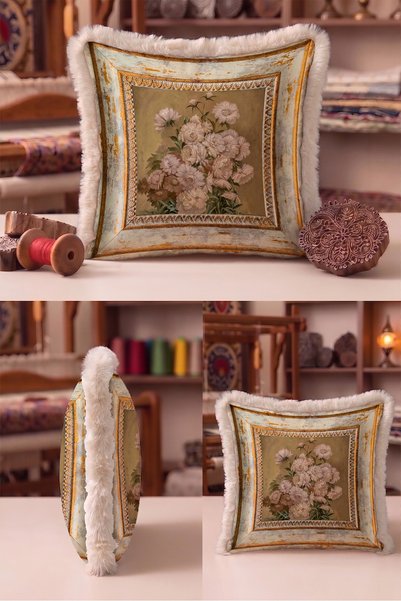 Evimde Bambaşka Vintage Floral Distressed Framed Fringed Pillowcase - Avant-Garde Floral Beige Tassel Throw Pillow Cover