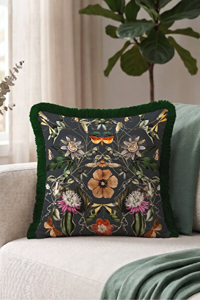 Evimde Bambaşka Botanical Butterfly Exotic Fringed Pillowcase - Naturalist Fl...