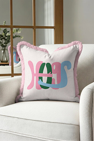 Evimde Bambaşka Hugging Arms Written Pop Art Fringed Pillowcase - Pink Tassel...
