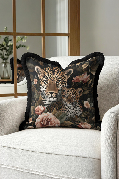 Evimde Bambaşka Κάλυμμα μαξιλαριού με κρόσσια Safari Leopard Floral Exotic - ...