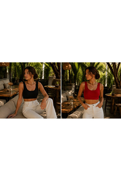 Feyece Red Black 2-Piece Fitted Pool Neck Ribbed Flexible Knitted Crop Tank Top