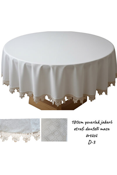 LACASA HOME LINEN 180cm Round Tablecloth with Lace Around the Edge in Jacquar...
