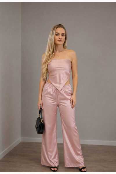 A.P Boutique Compleu roșu si roz din satin, cu top tip eșarfă și pantaloni ev...