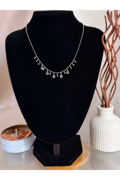 ANKA JEWELLRY Women's Stainless Steel Zircon Stone Drop Detail Necklace Silve...