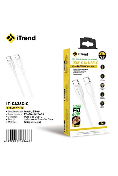 itrend Cablu USB-C la USB-C iTrend, 1 m, Încărcare Rapidă PD 60W, Silicon, Alb