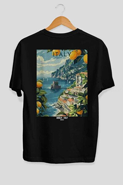 Ankhises Amalfi Italy 2 Black Oversize Country City Back Printed Unisex T-Shi...