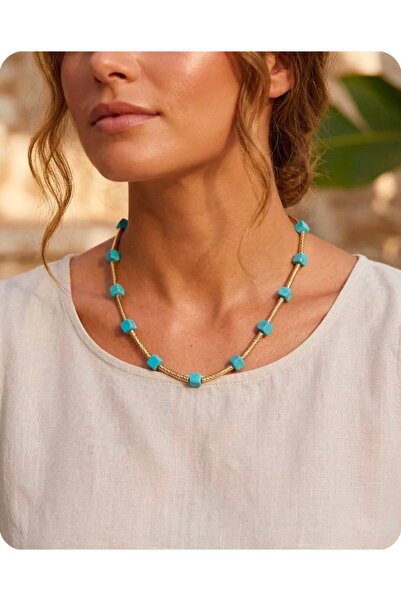 Mervişim Aksesuar Turquoise Stone Gold Chain Necklace - Bohemian Authentic Su...