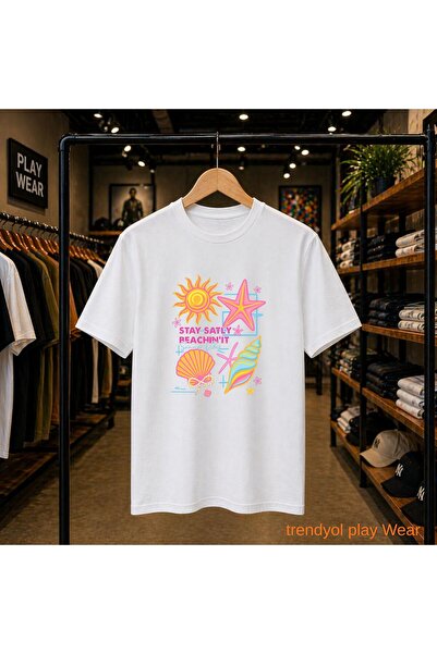 playwear تي شيرت من Stay Salty Beach مطبوع عليه 100% قطن، مقاس كبير، فضفاض، ذ...