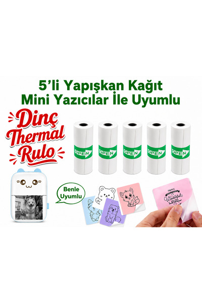 Dinç Thermal Mini Yazıcılar ile Uyumlu 5'Li Yapışkanlı kağıt Sticker Termal Rulo