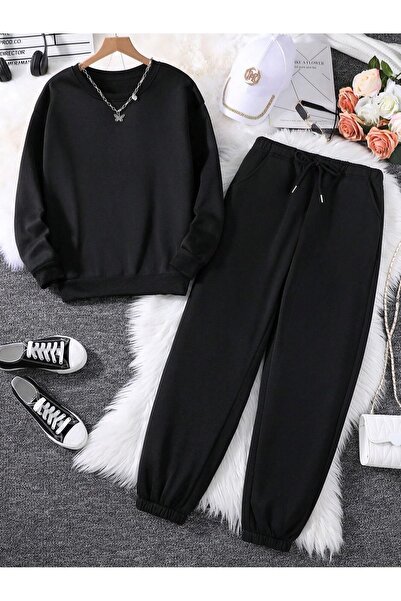 Boi Basic Plain Tracksuit Set Jogger Sweatshirt - Black Oversize High Waist E...