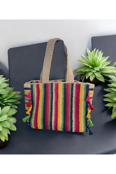 MODA Straw Look Colorful Hand Knitted Large Size Beach Bag