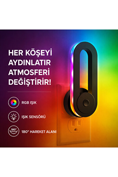 Ayers RGB Akıllı Gece Lambası, Işık Sensörlü 180° Dönebilen Dekoratif Duvar P...