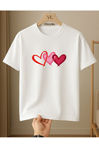 VİVA LORA Three Hearts Printed 100% Cotton Crewneck Regular Women's White T-S...