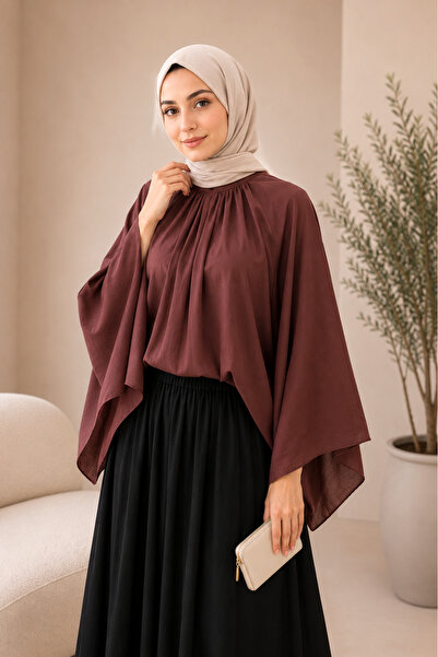 SADEL Lined Oversize Spanish Sleeve Detailed Voile Blouse - Dark Burgundy
