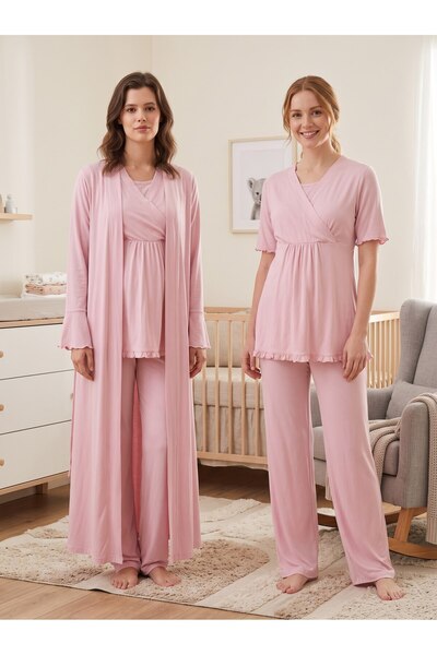 Lohussa New Season Powder Long Dressing Gown with Double-Breasted Collar, Spe...
