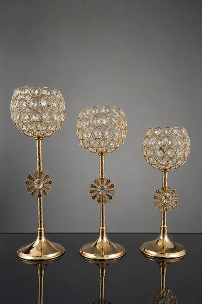 Vien Home Lüks Gold Kristal Taşlı Metal Şamdan Mumluk – Dekoratif Cam Taşlı M...