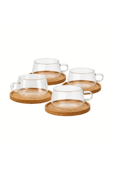 MIAMIO Set of 4 tea glasses with bamboo saucer, Olea collection, glass, trans...