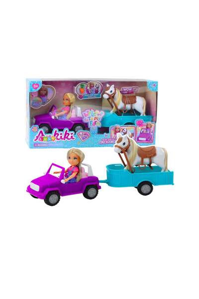LEAN Set de păpuși cu mașină și cal, 13 cm, multicolor, 24473