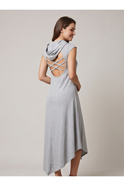 gökçesu Women's Cotton Back Detailed Hooded Asymmetrical Cut Casual Dress