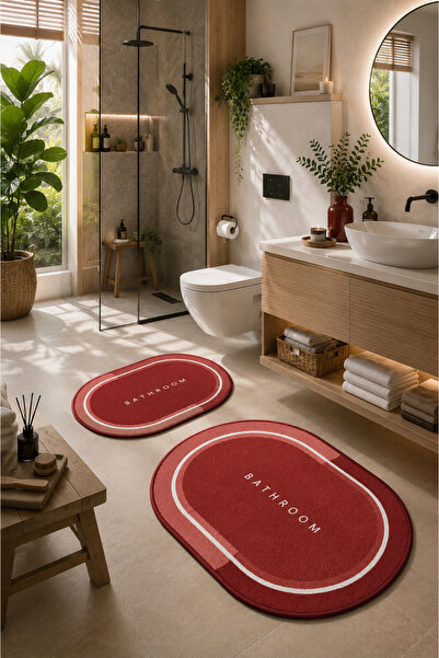 DECOVİST HOME Kaymaz Tabanlı Yıkanabilir 2’li Oval Kırmızı Banyo Paspası ve K...