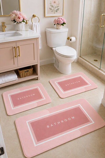 DECOVİST HOME Kaymaz Tabanlı Yıkanabilir 3’lü Düz Pembe Banyo Paspası ve Kloz...
