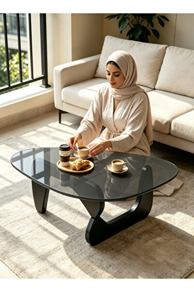 Generica Waterdrop shaped tempered glass coffee table with small-sized black ...