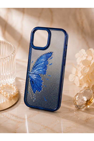 botyco Iphone 15 Plus (6.7 inç) Uyumlu Simli Şeffaf Kelebek Desenli Renk Geçi...