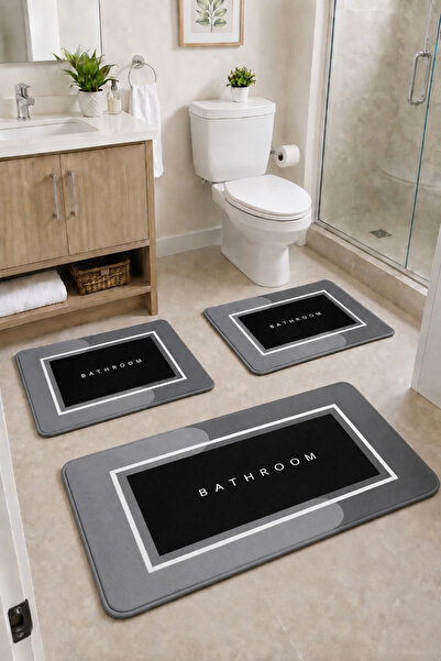 DECOVİST HOME Kaymaz Tabanlı Yıkanabilir 3’lü Düz Siyah Banyo Paspası ve Kloz...
