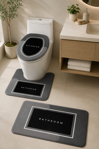 DECOVİST HOME Kaymaz Tabanlı Yıkanabilir 3’lü Klozet Takımı Siyah Banyo Paspa...