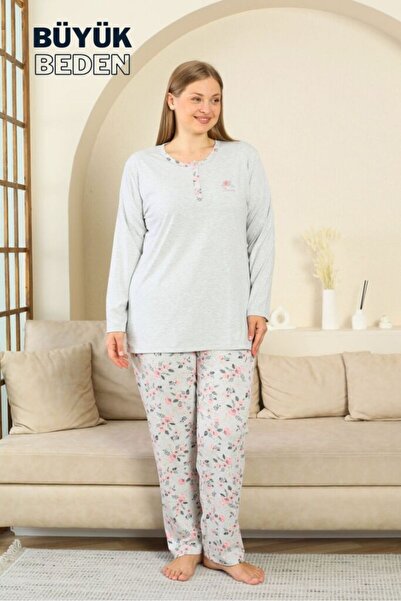 Büyük Beden Uzun Kol Pijama Takım Likralı Pamuklu