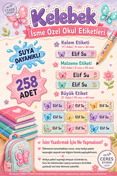 Ceres Studio Okul Etiketi Kalem Defter isimli Etiket Isim Yazılabilen Kelebek...