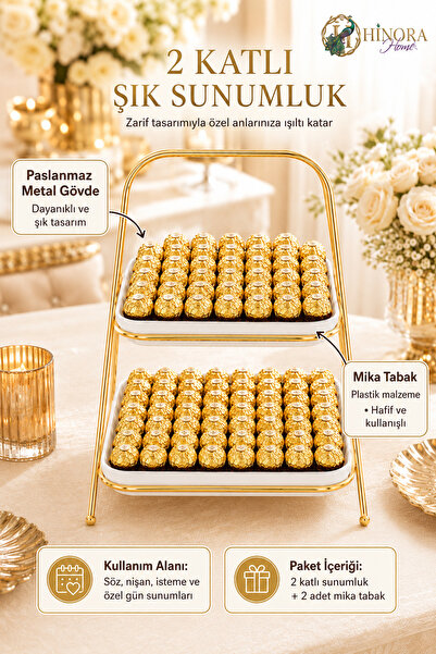 Hinora Söz Nişan Chocolate Presentation Tray 2-Tier Gold Metal Stand Mica Ser...