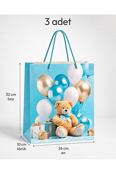 NovaHediyelik 3 adet Hediye Karton Çanta Orta Boy Simli - 32 cm x 26 cm x 10 cm