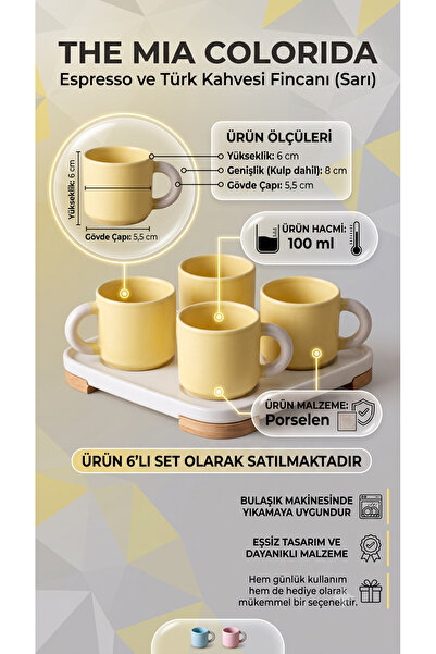 The Mia Colorida Porselen Türk Kahvesi ve Espresso Fincanı Takımı 6'lı 100 ml