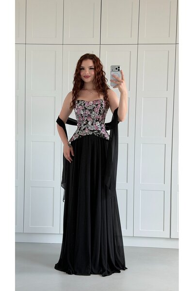 ayşenur Dinçer butik Majeste Özel Şifon Abiye Siyah
