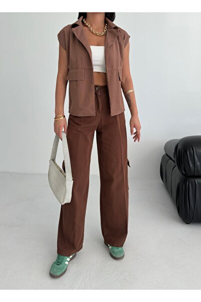 Lizay Dress Kadın Gabardin Keten Gömlek Yaka Kolsuz Cep Detaylı Önü Açık Yelek