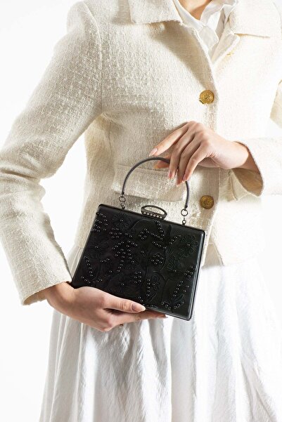 Lebibe Shoes Pearly Women's Black Embroidered Pearl Detailed Metal Handle Eve...