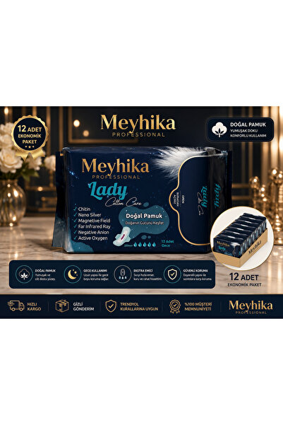 MEYHİKA PROFESSİONAL Kadın 100%100 Pamuklu Doğal Ped Gece 12 adet